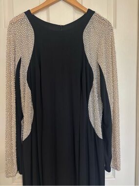 Xscape Black Maxi Gown with Beaded Nude Illusion Sleeves